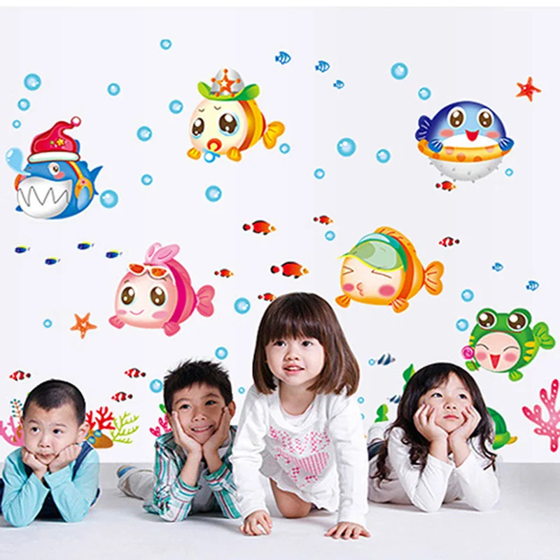 Wall sticker glass pasted 70*50 cm 3D ocean fish children's room
