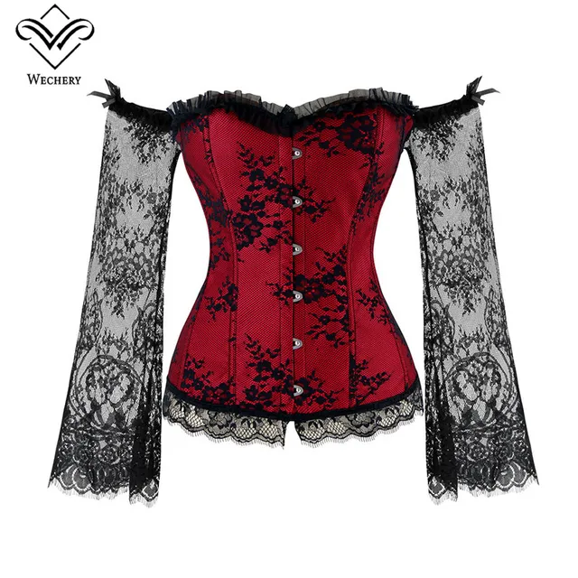 Women Halloween Steampunk Corset Sexy Bodice Long Sleeve Red Corselet Lace Up Bustier Party Club Wedding Tops Plus Size S-6XL