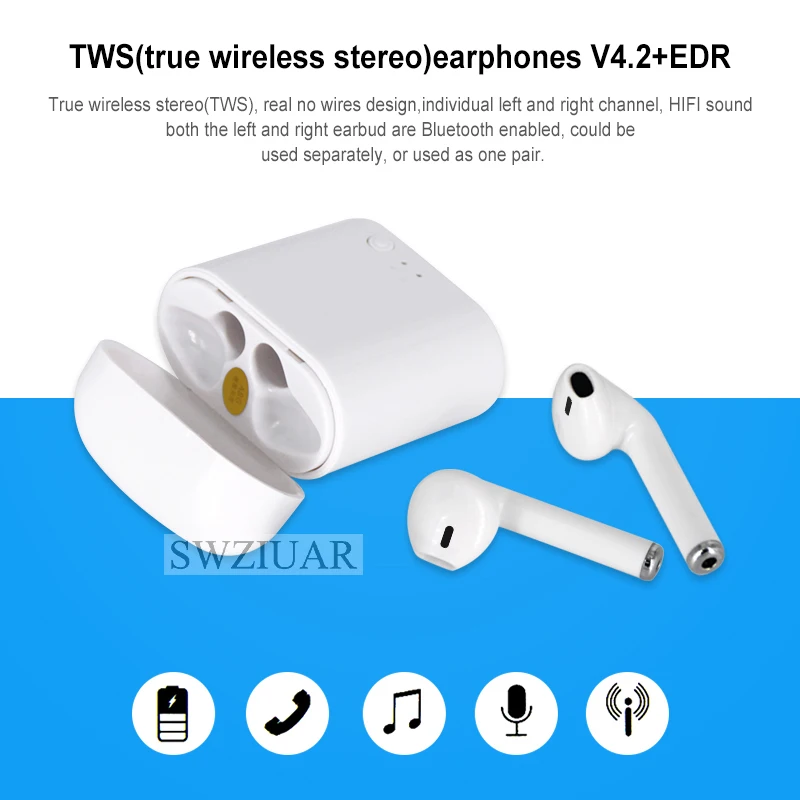 Беспроводные Bluetooth наушники i7s TWS, вкладыши, стерео наушники, гарнитура с зарядным устройством, микрофон для Iphone, Xiaomi, всех смартфонов
