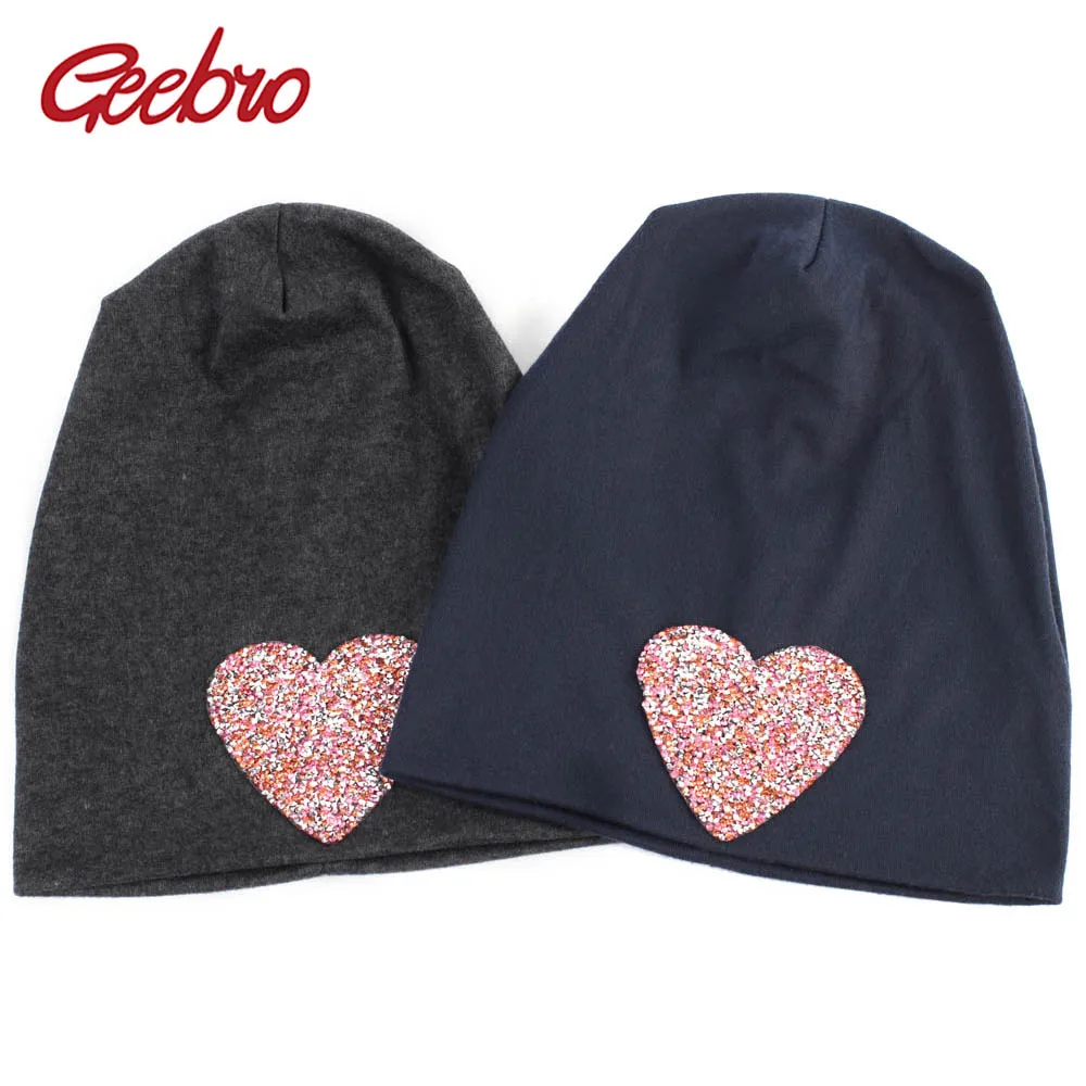 

Geebro Women's Heart Beanie Hat Autumn Fashion Rhinestone Slouchy Beanies for Ladies Woman Plain Flat Cotton Bonnet Hats T6A