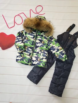 

80cm -140cm 2018 Winter Jacket Children down jackets & PANT duck down Fur hooded girl snowsuit boy Suit set outerwear ski suit