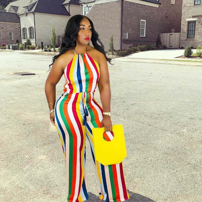 

Halter Striped Women's Clothing Plus Size Summer Dress Sleeveless Ankle-Length European and American Rainbow Strips Sexy Loose