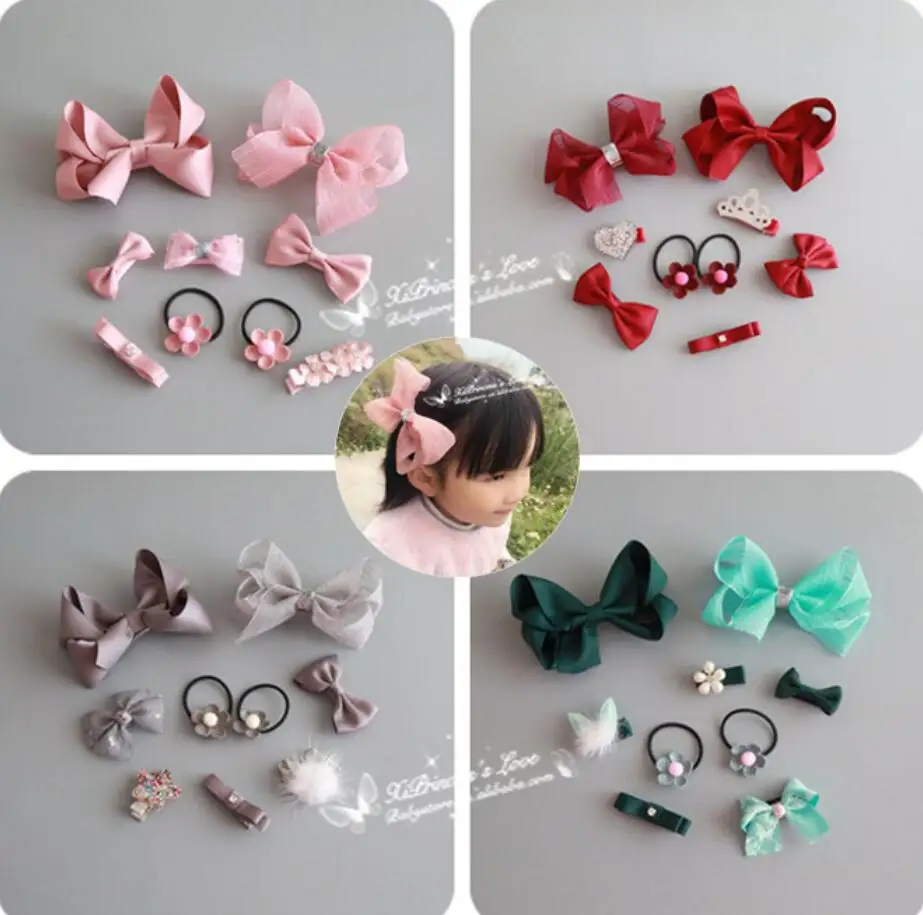 

9PCs/lot Baby Girls Glitter Crown Love Heart Side Clips Flower Chiffon Bow Hair Tie Hairpins Girl Kids Hair Accessories