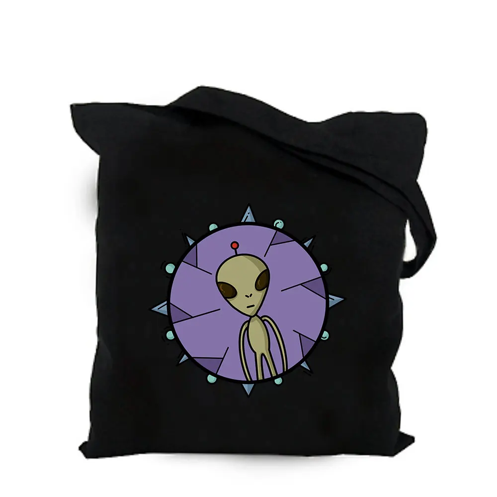2019 cute space alien black cotton canvas bag customized kawaii girl tote bag custom shopping bags with logo for men or women  (6)