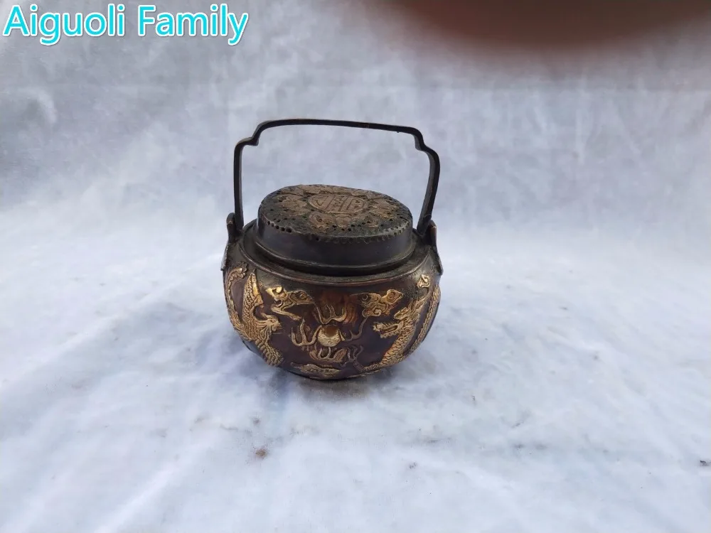 

Art Collection Chinese Old Handmade Bronze Gilt Dragon Phoenix Warm Pot
