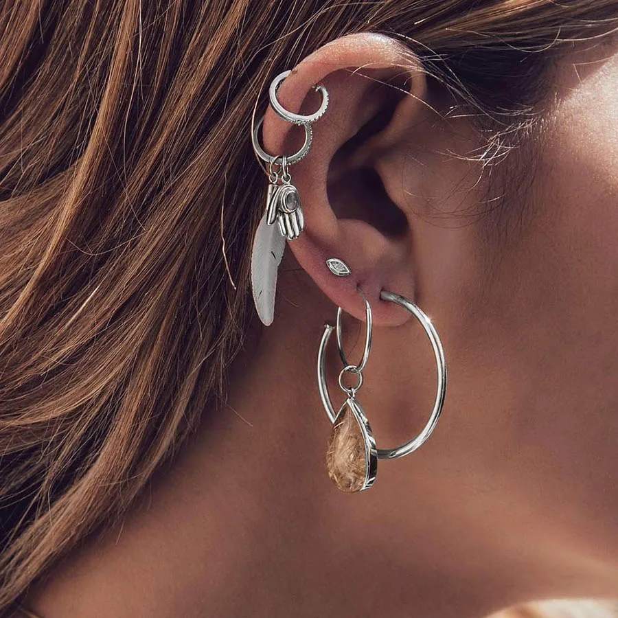 

RAVINOUR 6PCS Hoop Earrings Women Boho Jewelry Feather Hand Palm Big Resin Water Drop Ear Cuff Vintage Earring Set Bohemian Aros