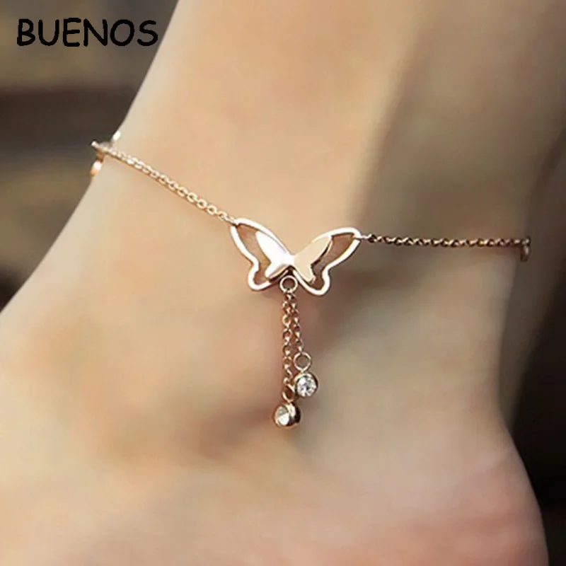 

BUENOS New Butterfly Pendant Anklets Foot Chain Summer Yoga Beach Leg Bracelet Handmade Anklet Rose Gold Silver Color Jewelry