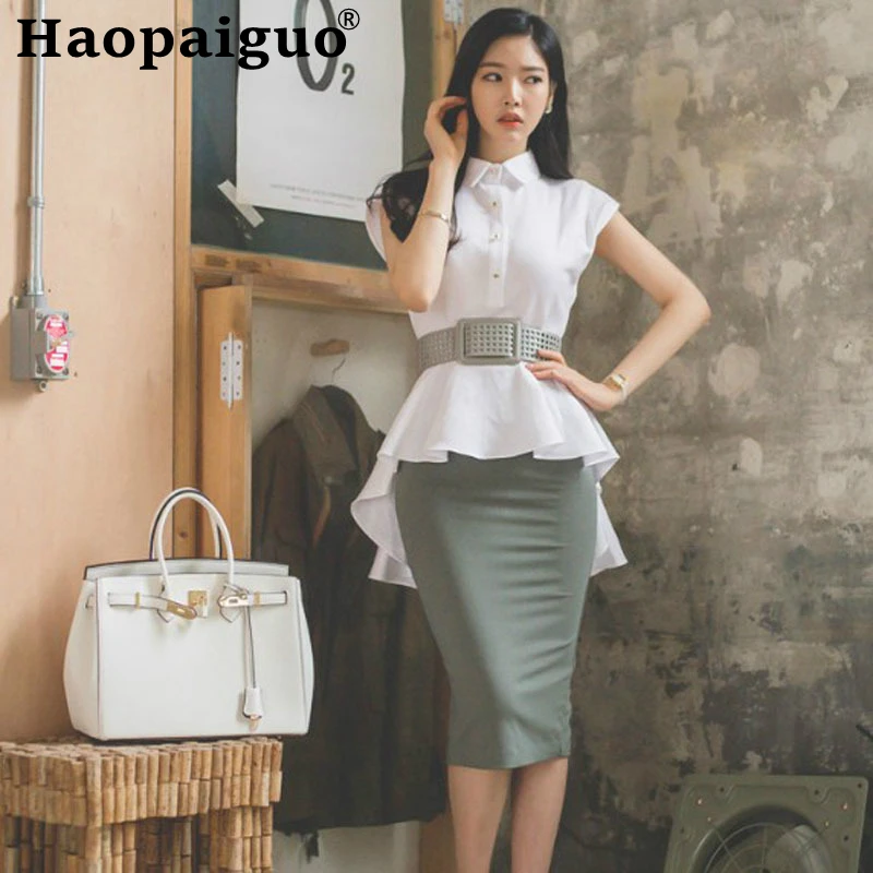 

Women's Summer OL Office Two Pieces Set White Sleeveless Dovetail Shirt and Midi Bodycon Skirt Sashes 2 Pieces Set Plus Size