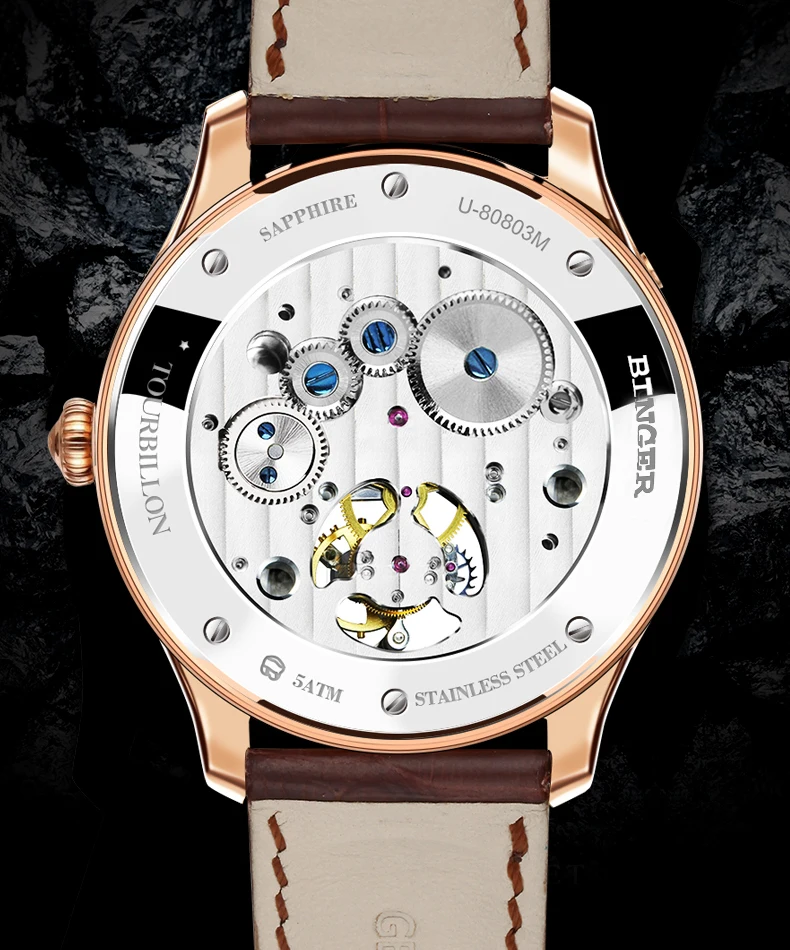 Высококачественные деловые часы BINGER Seagull Tourbillon, механические часы с крокодиловым кожаным ремешком, сапфировые Мужские автоматические часы