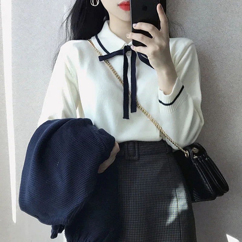  2018 Autumn Women Sweater New Small Fresh Bow Sweaters Female Korean Version Lapel Collar Sweet  Knit Pullover Women Tops