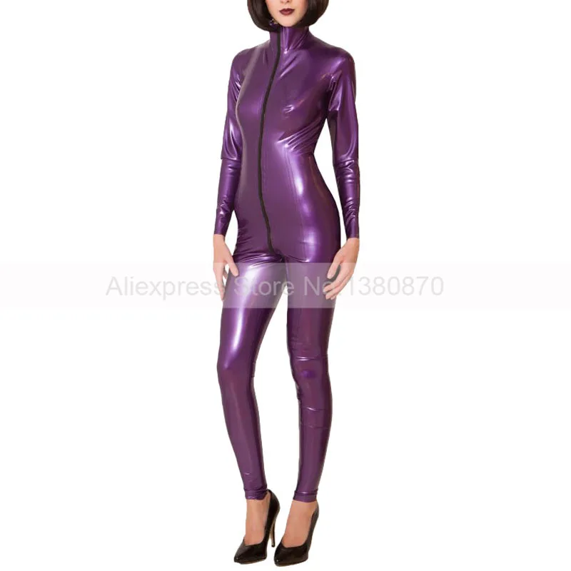 

Front Zip Female Latex Rubber Leotard Catsuit Metal Purple Sexy Cat suit Jumpsuit Handmade Plus Size Custom Made S-LC329