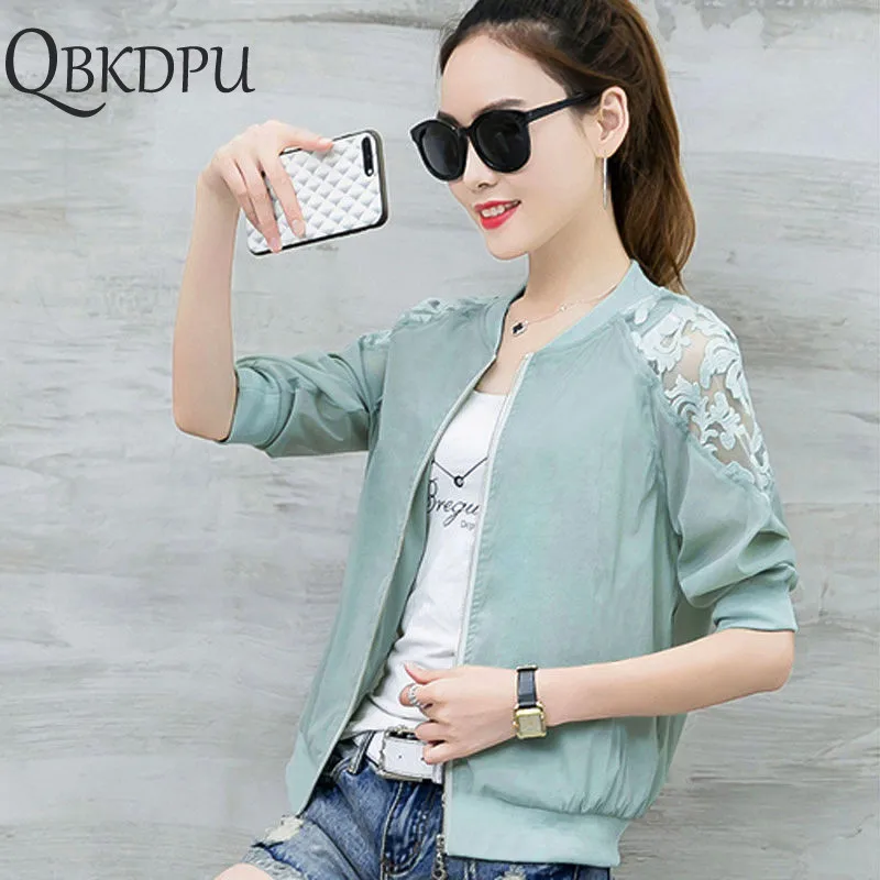 incredible  New Women Basis Embroidered Short Jacket Summer Net zipper Casual Long Sleeved Thin Coats Ladies Vi