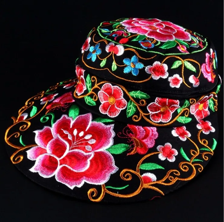 

National fan embroidered full embroidered Big eaves flat top hat dual-use detachable to holiday leisure travel sunscreen hat