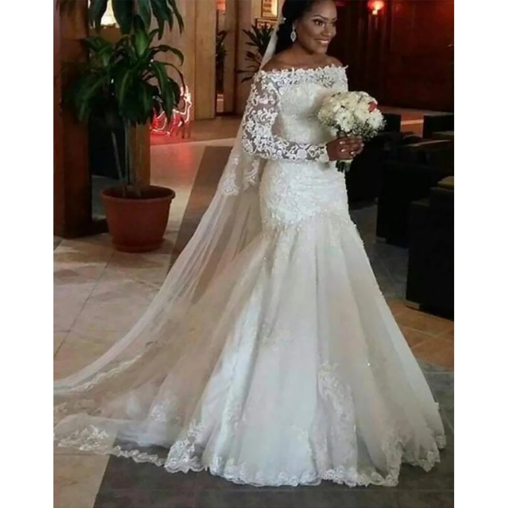 

Fansmile New Long Sleeve Vestido De Noiva Lace Wedding Dress 2019 Customized Plus Size Pearls Bridal Wedding Gowns FSM-512M
