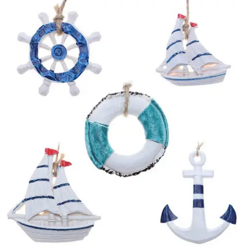 Limit 100 5Pcs/lot Decorative Sheels Starfishes Mediterranean Wall Decor Anchor Shape Wooden Hanging Hanging Ornament Decals