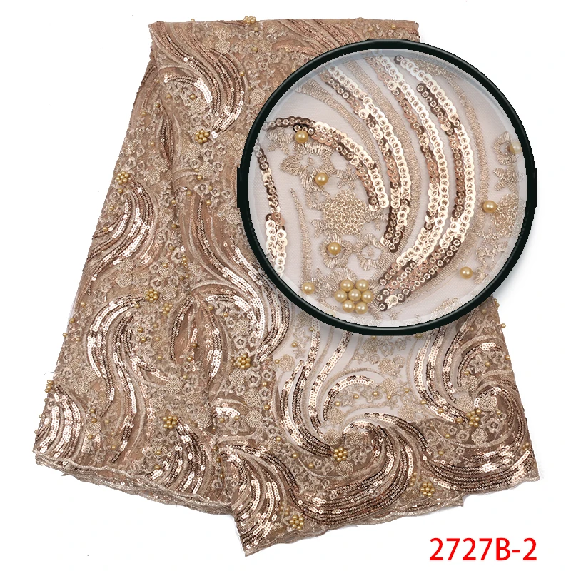 Fashion Nigerian Lace Fabrics Embroidery Sequins Lace Fabric with Beads African French Tulle Lace Fabric for Wedding APW2727B