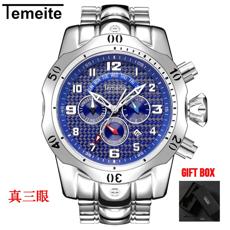 Temeite 12 with box Temeite полностью функциональные Роскошные брендовые Дизайнерские мужские часы кварцевые часы мужские водонепроницаемые мужские наручные часы Relogio Dourado Masculino - Цвет: Temeite 12 with box