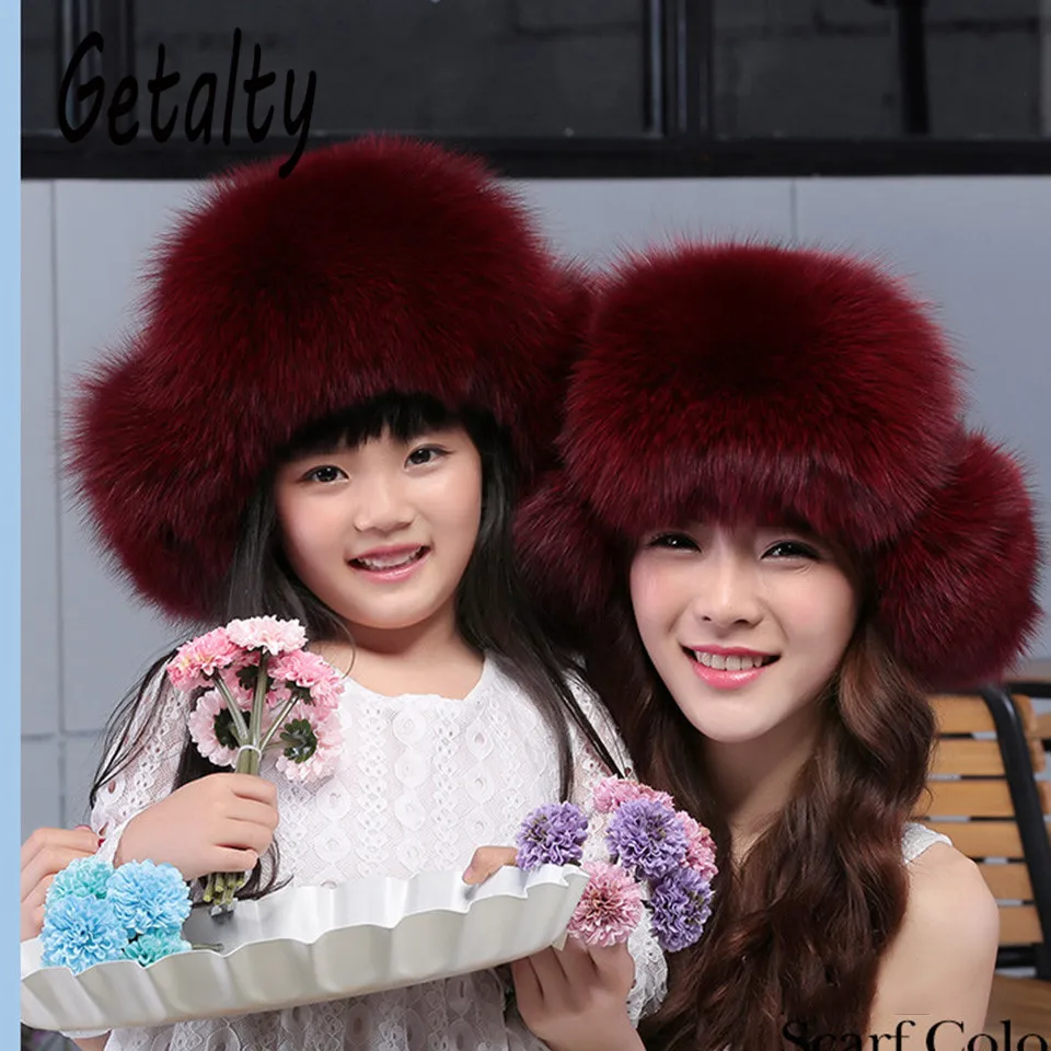 

Russia Children Real Fox Fur Hat Boys Girls Parent-child Warm Winter Fur Hat Solid Bromber Caps Kids Warm Ears Kids Hat H#06