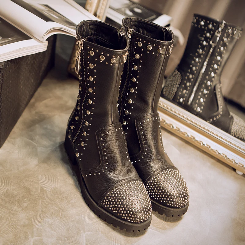 Véritable Piste Shoescrystal Black In Chunky Strass Plein Pour Buonoscarpe Conception Courtes Cloutés Femmes plush Bottines Rivets Talon Cuir rxoEBdCeQW