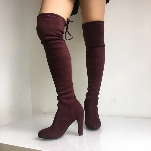 Top Faux Suede Women Thigh High Boots Stretch Slim Sexy Fashion Over the Knee Boots Female Shoes High Heels Black Gray Wine Nude -