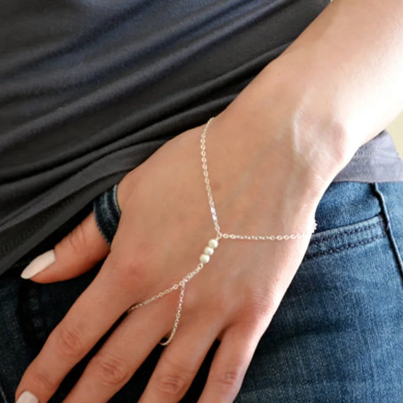 

Simple Silver Gold Color Chain Imitation Pearls Slave Bracelet for Women Girl Charms Finger Link Chain Bracelets&Bangle