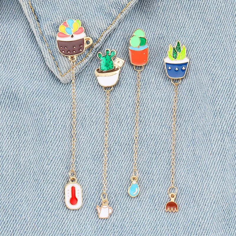 

Cartoon Green Cactus Bonsai Plant Enamel Pins Brooch Chain Button Pin Denim Jacket Brooches Gift Jewelry for Women gifts