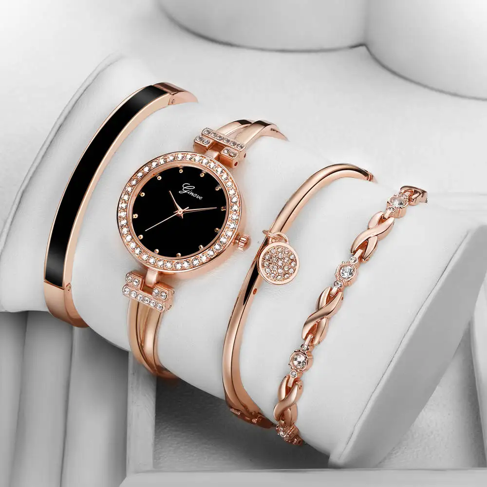 Online Juego de 4 Uds. De reloj Ginave para mujer, reloj de pulsera de diamantes de oro rosa, joyería de lujo, relojes de pulsera de cuarzo casuales para mujer