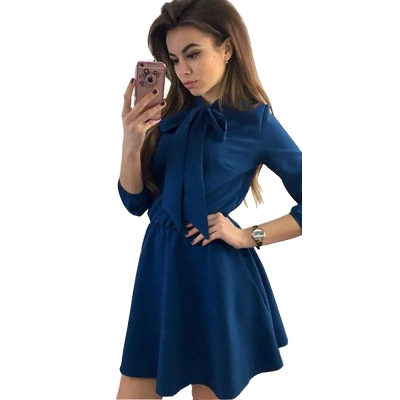 

Women Dress Fall 2018 Fashion Solid Vintage Elegant Mini Dress Autumn Bow Causal Christmas Party Dresses Plus Size