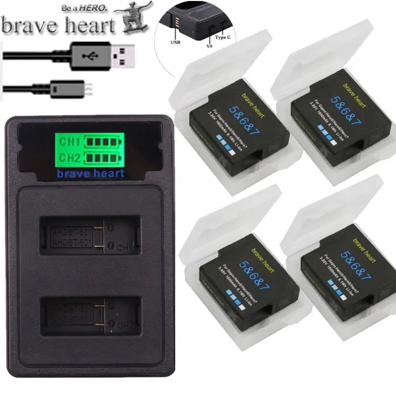 

bateria Go pro Hero5 hero 6 hero7 Battery Akku+ TYPE-C Charger for GoPro 2018 Hero 5 GoPro Hero 6 7 black Camera Battery