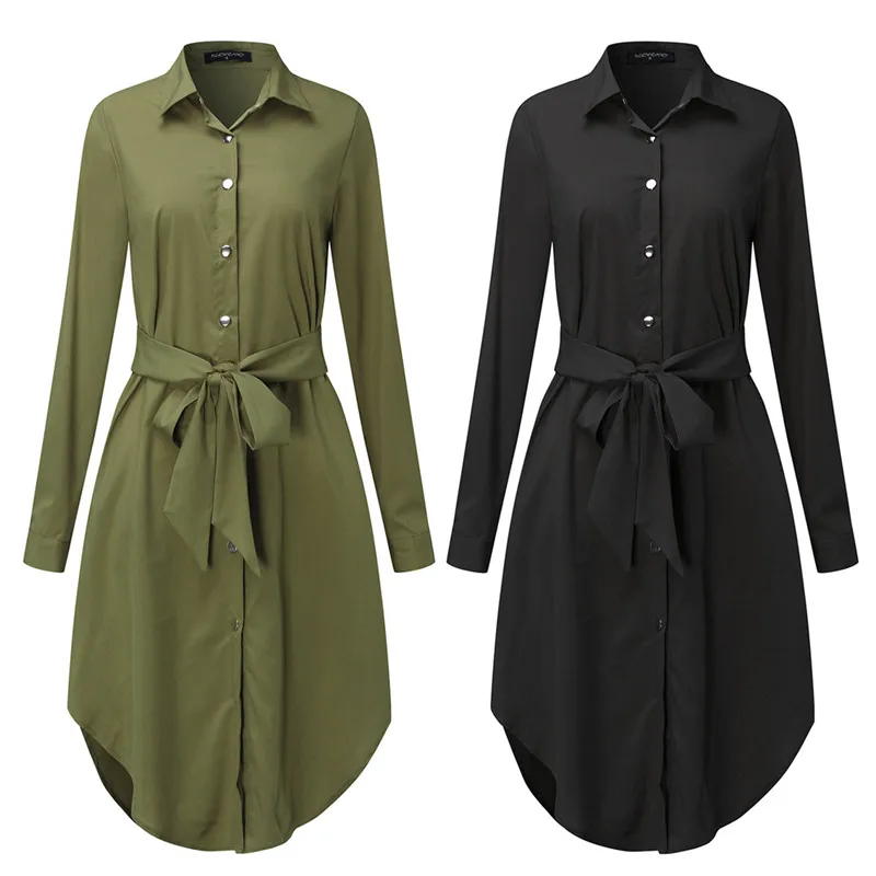 

2019 Women Elegant Dress Solid Lapel Neck Long Sleeve Belt Loose Oversized Shirt Dress Vintage Female Vestidos Plus Size Autumn