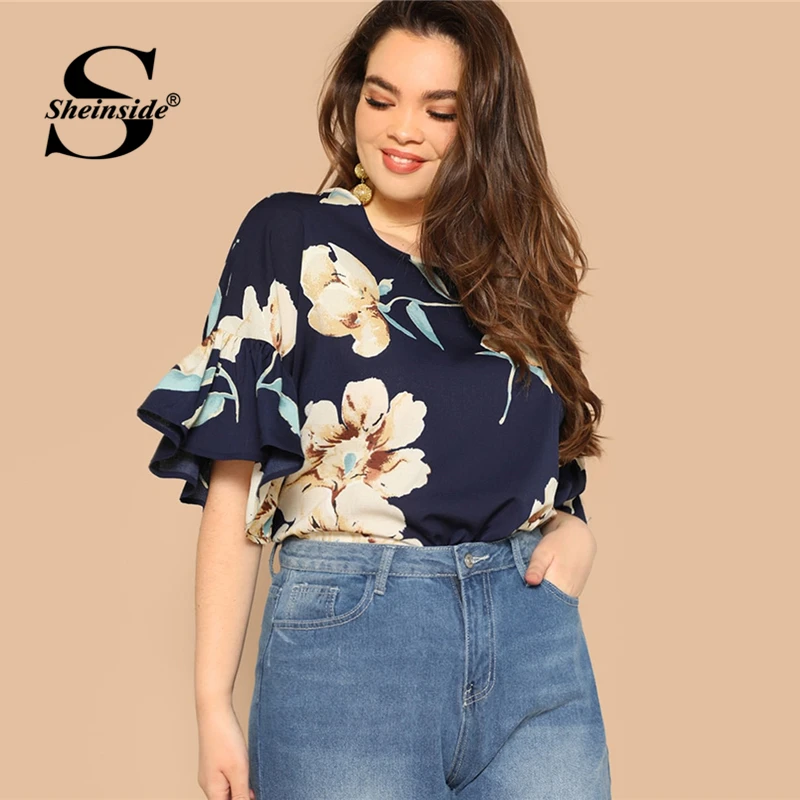 

Sheinside Plus Size Floral Print Flounce Sleeve Blouse Women 2019 Summer Casual Half Sleeve Blouses Ladies Keyhole Back Top