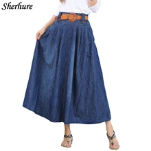 Женские юбки размера плюс, однотонные джинсовые юбки, эластичная высокая талия, плиссированная длинная юбка, Saias Faldas, юбка макси с поясом, jupe femme