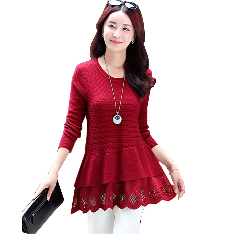 2018 New Autumn Women Flounce Splice Sweater Pullovers Basic Tops Elastic force O-neck Knit Casual plus size Sweaters Female | Женская