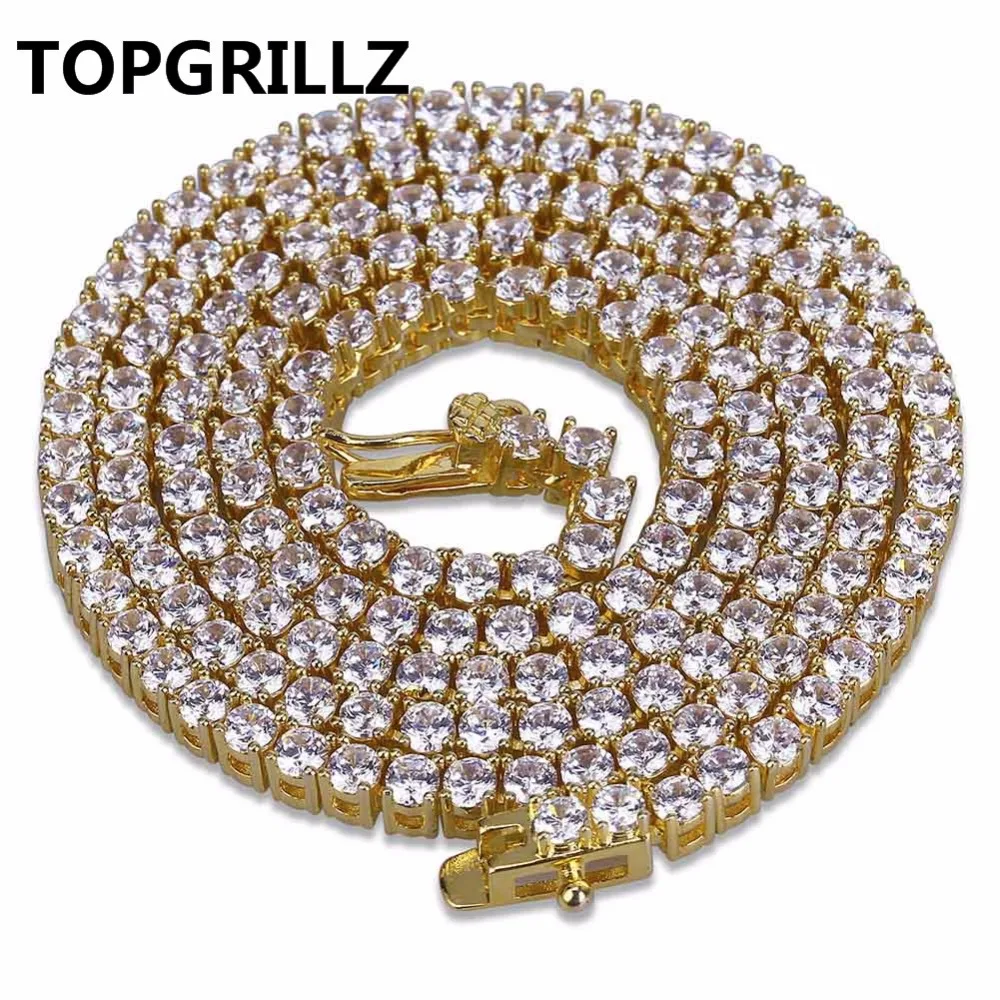 TOPGRILLZ 3mm 4mm 5mm 6mm 8mm Iced Out Zircon 1Row Tennis Chain Necklace Hip Hop Jewelry Gold Silver Color Men CZ Necklace Gifts