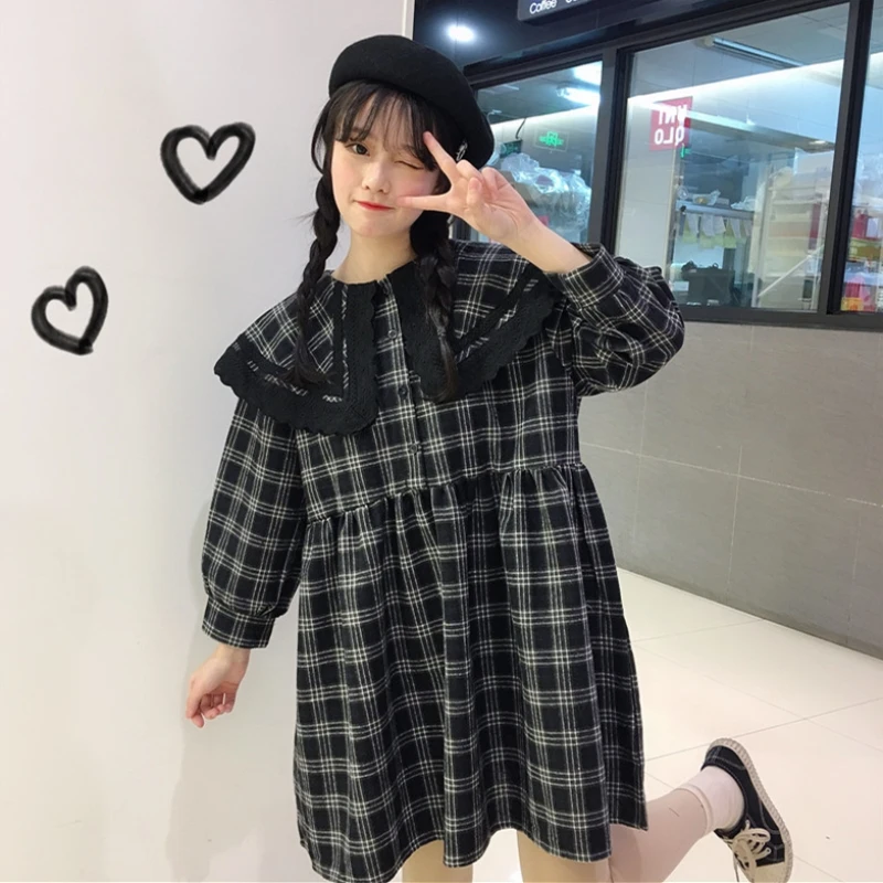 

Sweet Women Dress 2019 New Spring Retro Black Plaid Long Sleeve Loose High Waist Cute Dress for Female