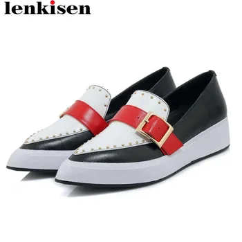 

Lenkisen mixed colors buckle belt rivets decoration pointed toe slip on loafers med bottom real cow leather vulcanized shoes L97