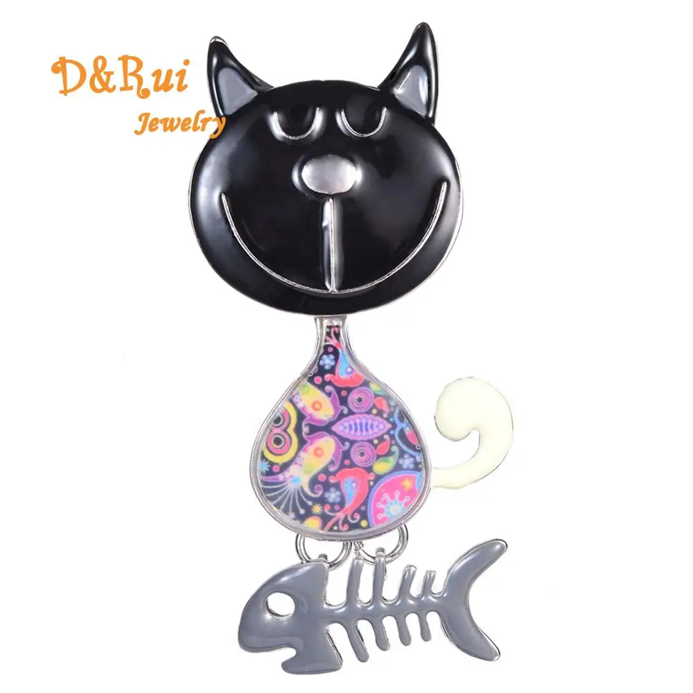 

2019 New Design Pet Cat with Fish Bone Men Christmas Woman Brooch Pin Cute Enamel Animal Brooches and Pins for Children Gifts