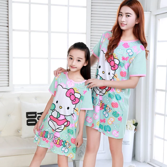 Cotton Mother Children SleepShirts Nighty Summer Cartoon Hello Kitty Rabbit Snow White Girls Night Skirt Short Sleeve Homewear
