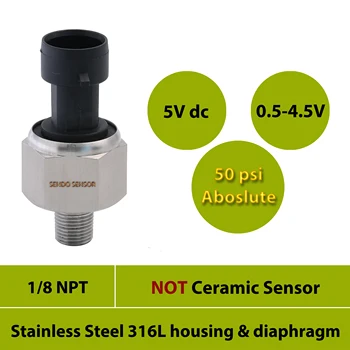 

low cost pressure transducers, 50 psi absolute, 5 Voltage power, 0.5 to 4.5 V output, AISI 316L material, 1 8 inch NPT thread