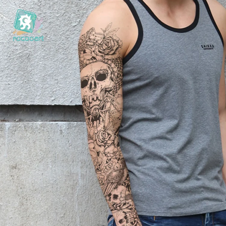 

Rocooart Waterproof Temporary Tattoo Sticker Full Arm Large Skull Old School Tatoo Stickers Flash Fake Tattoos for Men