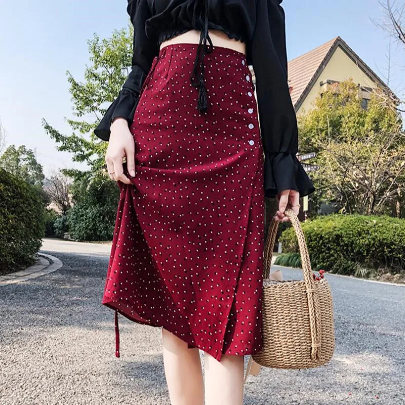 

2019 France brand fashion style women knee length Skirt Button chiffon Slim 3 colors dot Skirt
