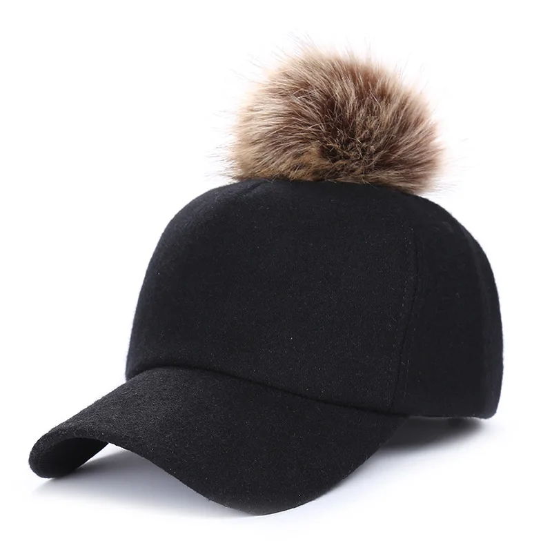 Осень Зима Мода полиэстер мех Pom шапки хип хоп фетровая шапка для женщин толстые теплые Bone Snapback шляпа для женщин - Цвет: JX552 black