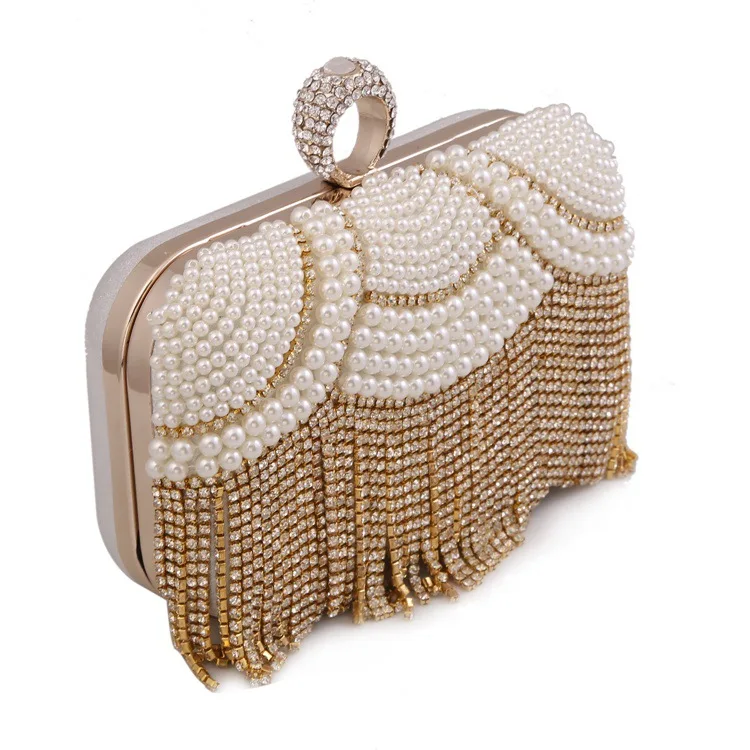 Mini Evening Clutch with Luxury Tassel and Pearls for Ladies, Beaded Evening Day Clutch with Removable Chain Mini Evening Clutch with Luxury Tassel and Pearls for Ladies, Beaded Evening Day Clutch with Removable Chain
