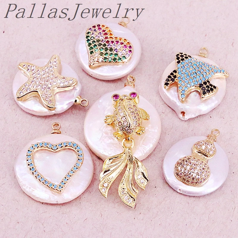 

10Pcs Mix Random, Hot sale gold filled cz micro pave charm freshwater pearl bead pendant for necklace DIY jewelry findings