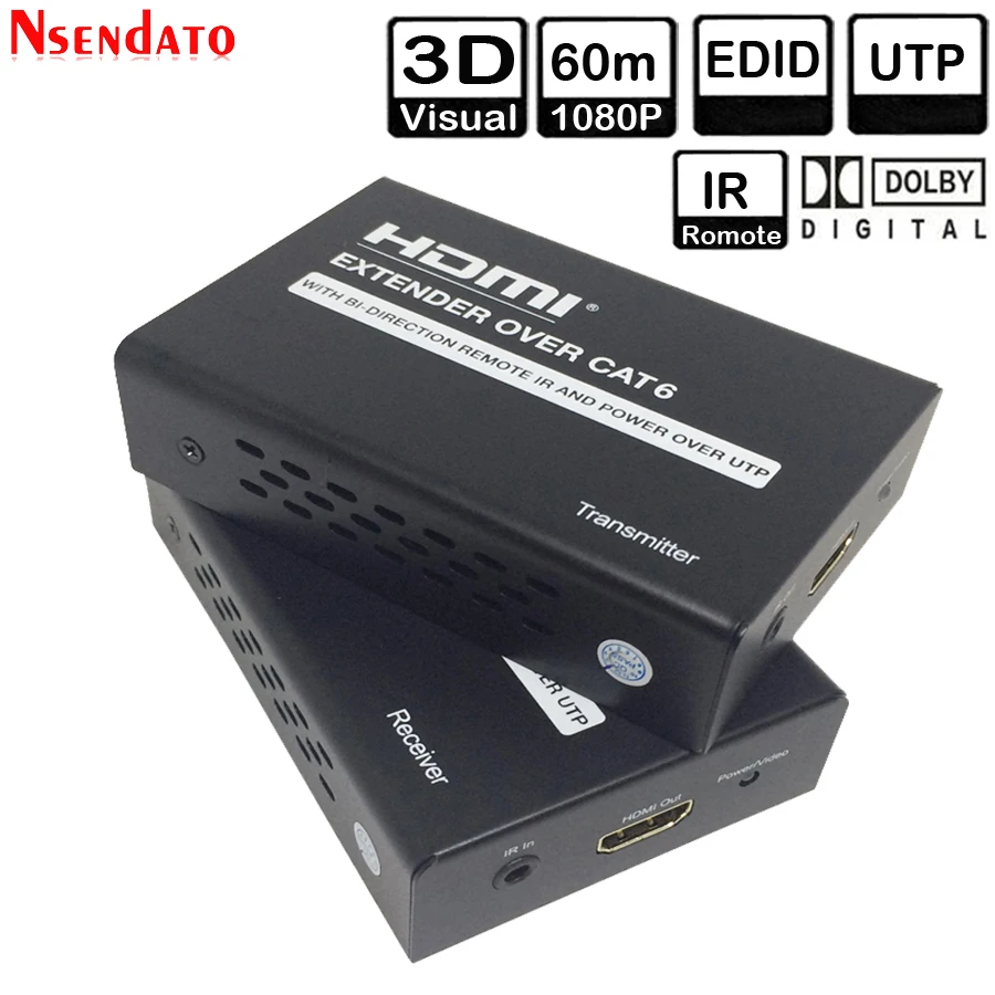 

1080P HDMI Extender Transmitter Receiver over Cat6 Bi-Direction IR UTP EDID Cable RJ45 LAN Ethernet up to 60m for HDTV Monitor