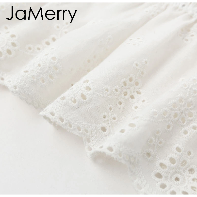 JaMerry Causal white embroidery lace hollow out blouse shirt women Ruffles woman blouse top Female elastic waist cotton tops