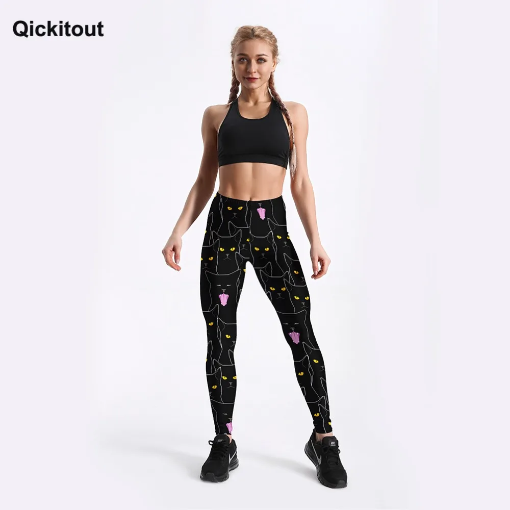 Qickitout летние Стиль фитнес женские леггинсы Симпатичный черный костюм комплект