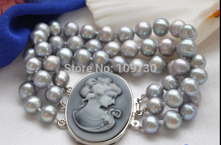 

001132 3row 8" 10mm GRAY ROUND FRESHWATER PEARL BRACELET