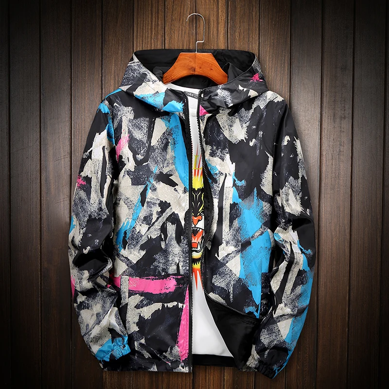 

Spring Autumn Jackets Men Fashion Military Tactival Graffiti Hooded Windbreaker Puls Size S-8XL