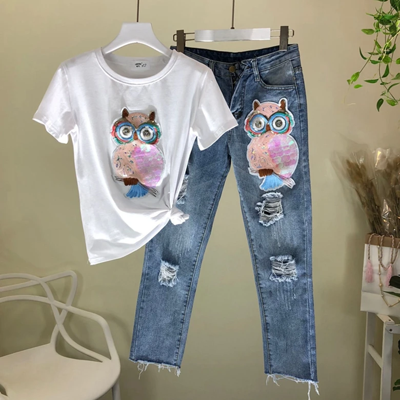 

2019 Spring Summer New Sequins Owl Short-sleeved T-shirt + Broken Hole Eight-cent Jeans Suit Female Two Piece Sets Girl Students
